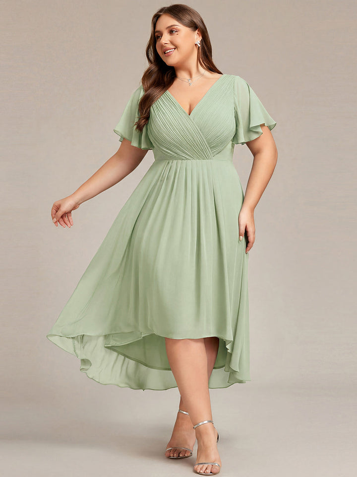 pretty FAYE|Plus Size Double V-Neck Ruffles Sleeve Chiffon Midi Wedding Guest Dress