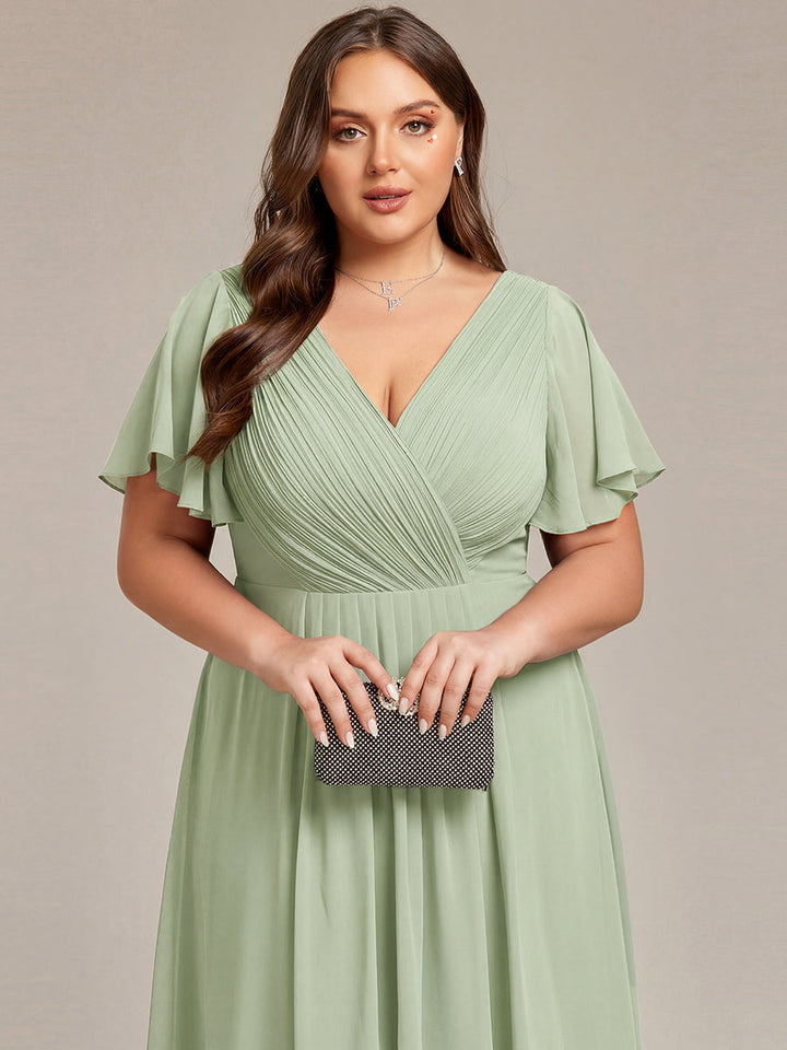 pretty FAYE|Plus Size Double V-Neck Ruffles Sleeve Chiffon Midi Wedding Guest Dress