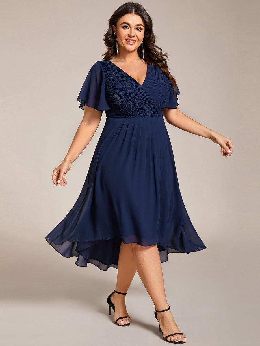 pretty FAYE|Plus Size Double V-Neck Ruffles Sleeve Chiffon Midi Wedding Guest Dress