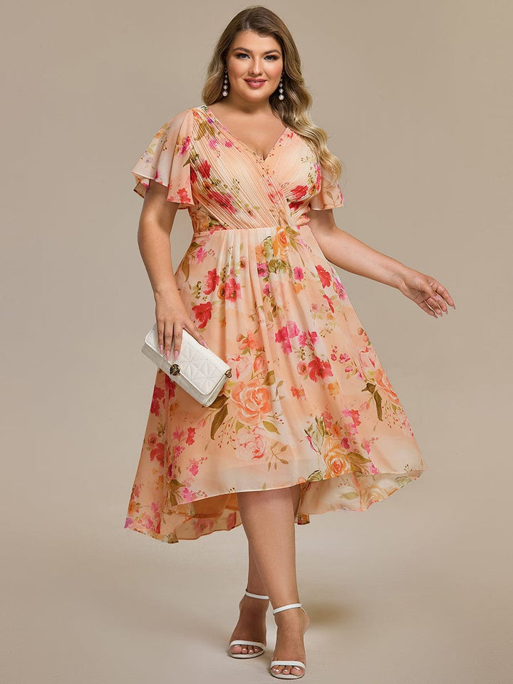 ever FAYE|Elegant V-Neck Flowy High-Low Short Sleeve Wedding Guest Dress