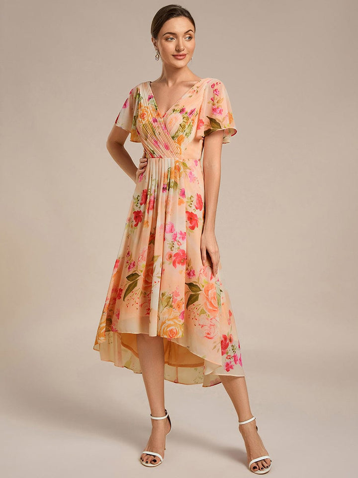 ever FAYE|Elegant V-Neck Flowy High-Low Short Sleeve Wedding Guest Dress