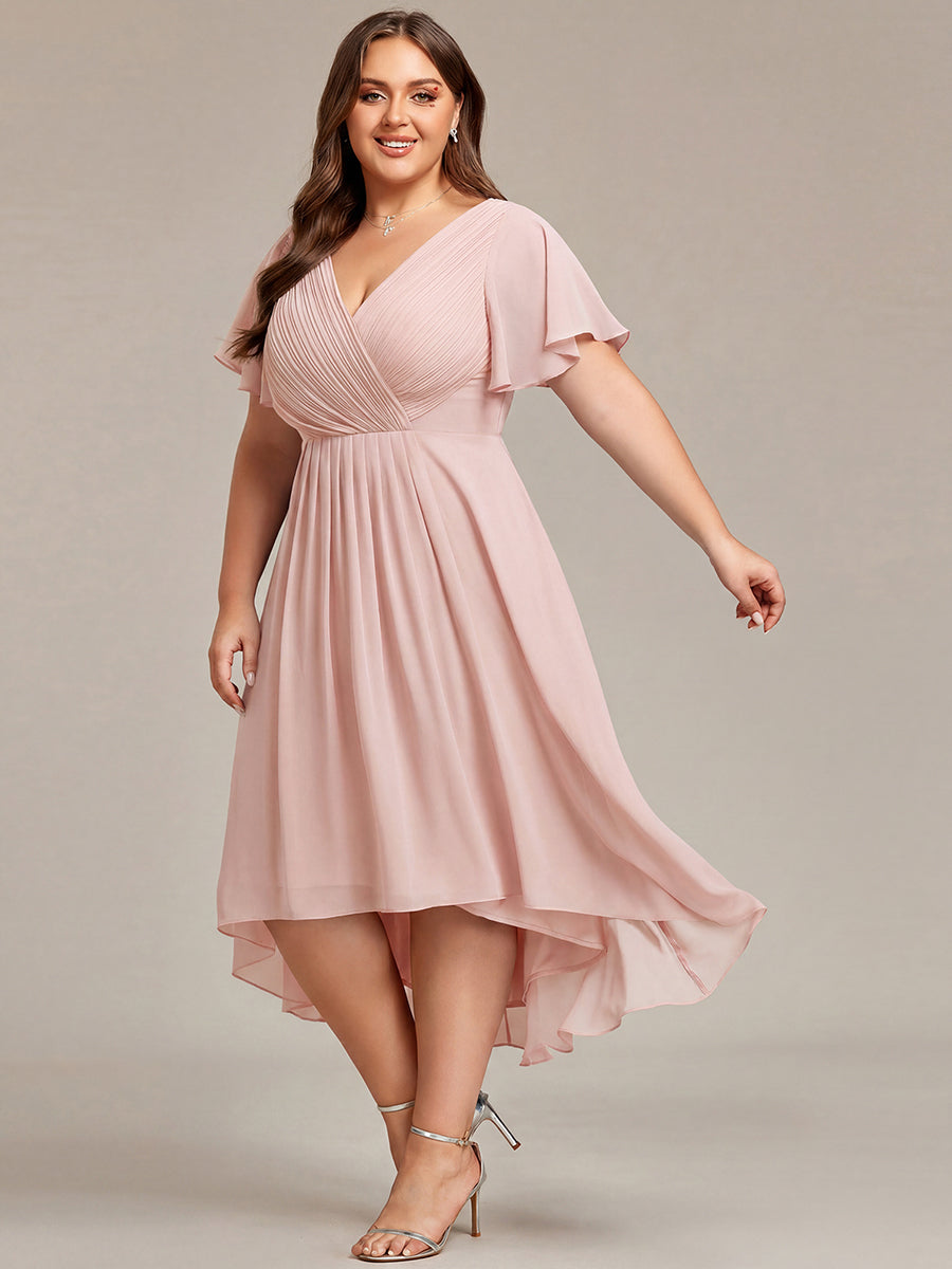 pretty FAYE|Plus Size Double V-Neck Ruffles Sleeve Chiffon Midi Wedding Guest Dress