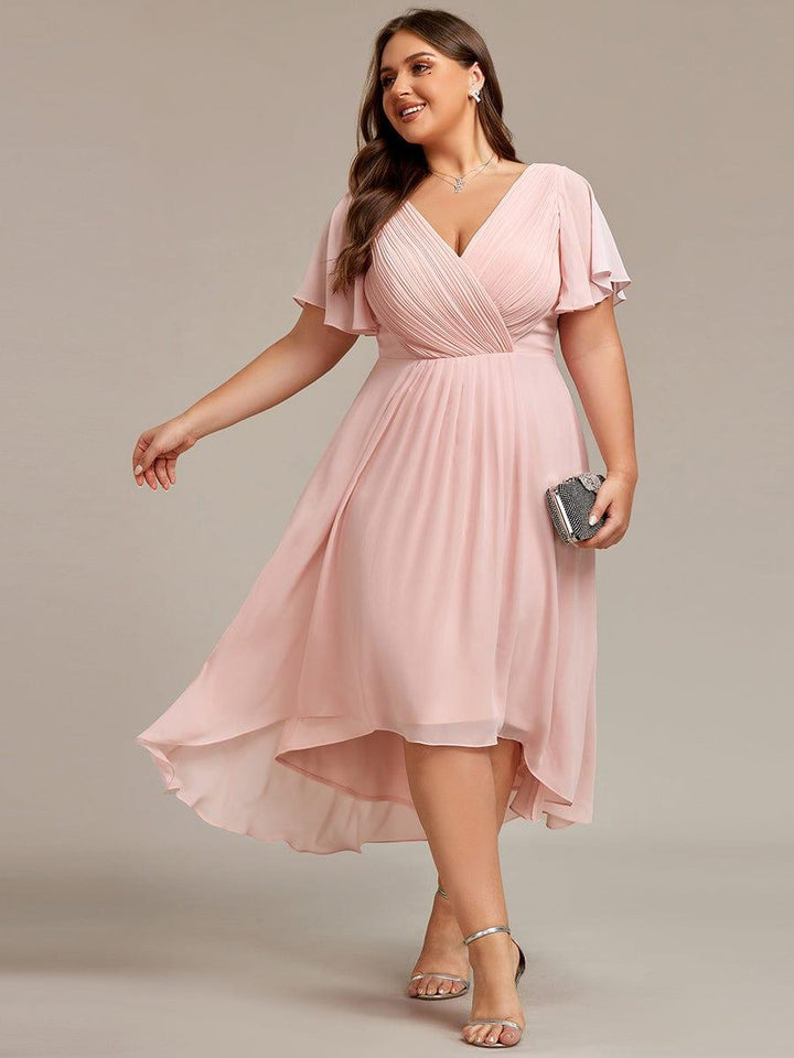 pretty FAYE|Plus Size Double V-Neck Ruffles Sleeve Chiffon Midi Wedding Guest Dress