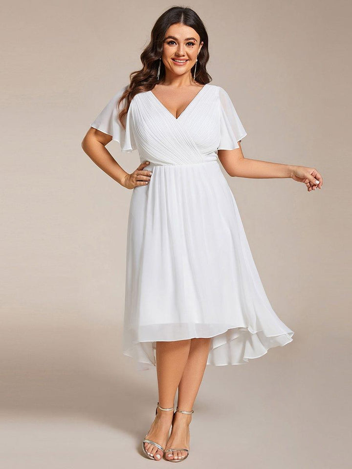 pretty FAYE|Plus Size Double V-Neck Ruffles Sleeve Chiffon Midi Wedding Guest Dress