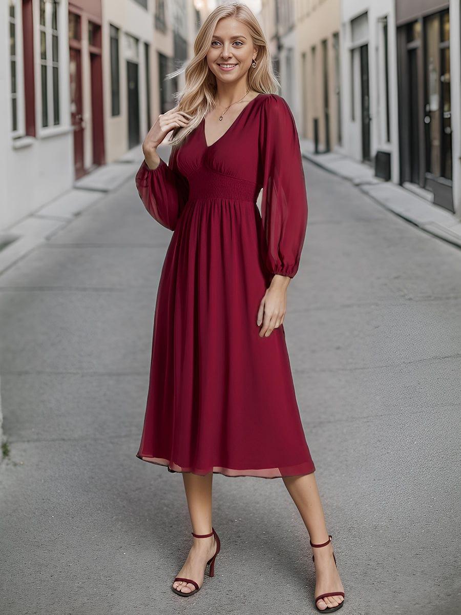 ever AMARA|Chiffon V-Neck Long Sleeves Elastic Band Midi Wedding Guest Dress