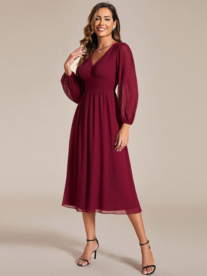 ever AMARA|Chiffon V-Neck Long Sleeves Elastic Band Midi Wedding Guest Dress