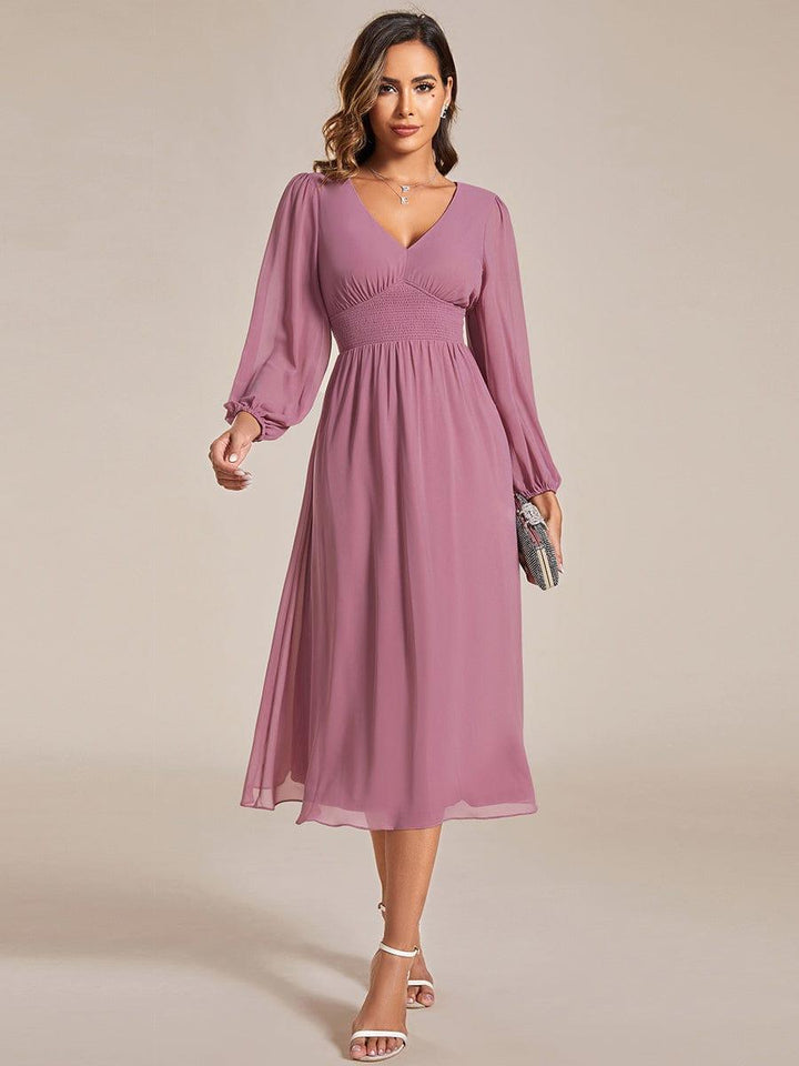 ever AMARA|Chiffon V-Neck Long Sleeves Elastic Band Midi Wedding Guest Dress