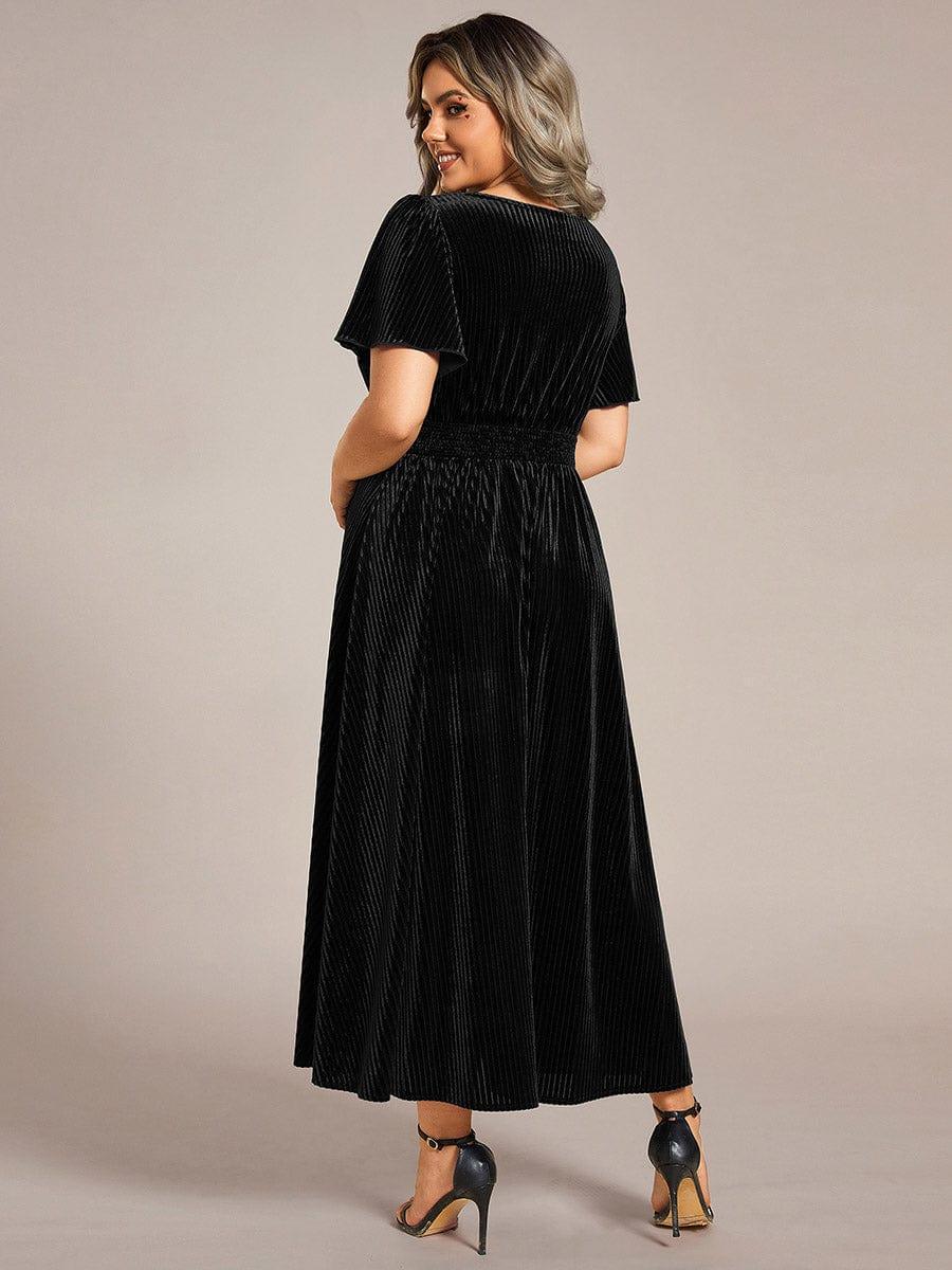 pretty AZALEA|Plus Size A-line V-Neck Short Sleeve Pleated Velvet Fall Wedding Guest Dress