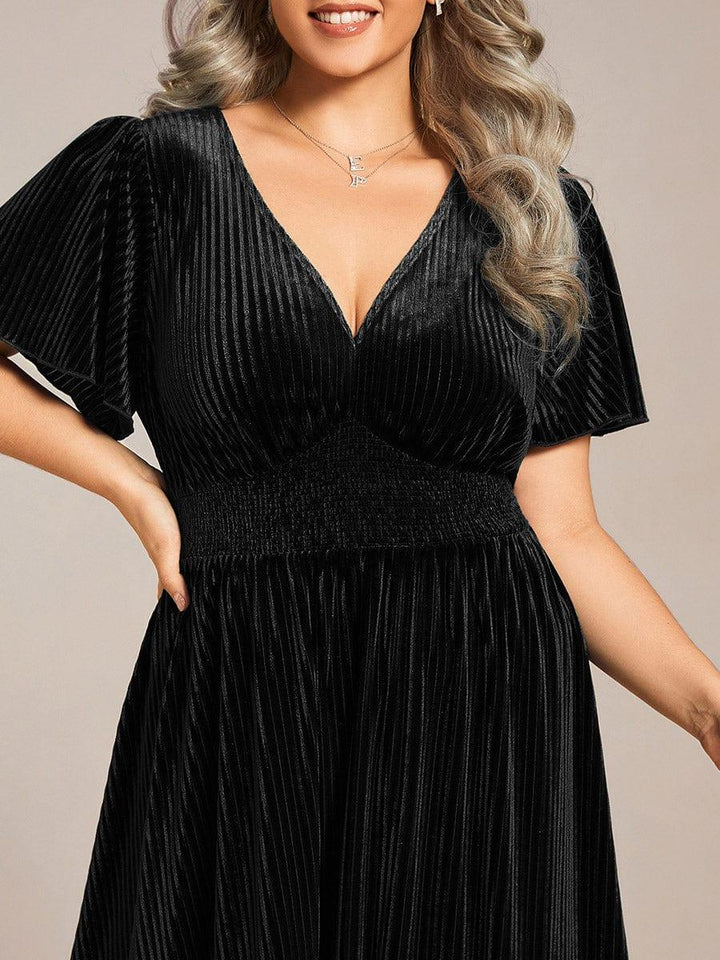 pretty AZALEA|Plus Size A-line V-Neck Short Sleeve Pleated Velvet Fall Wedding Guest Dress
