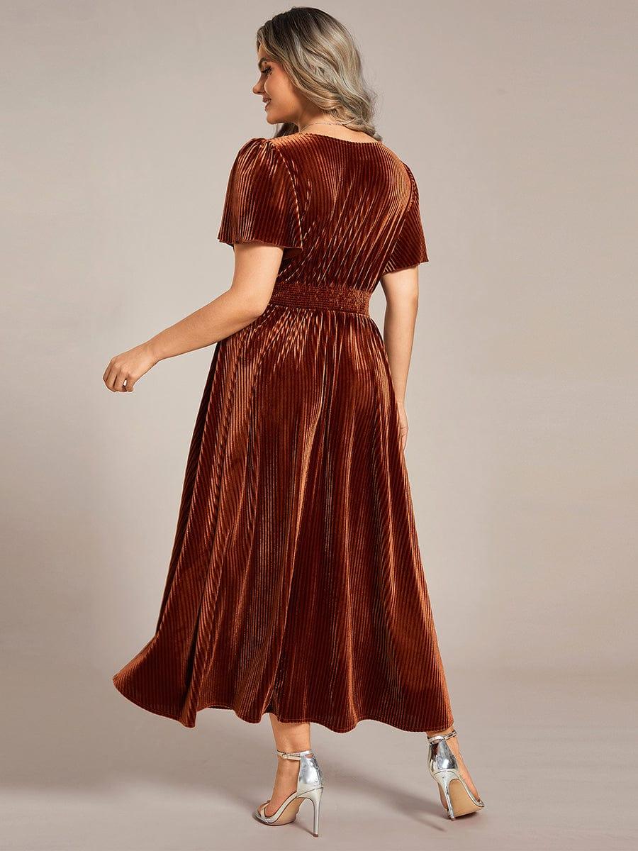 pretty AZALEA|Plus Size A-line V-Neck Short Sleeve Pleated Velvet Fall Wedding Guest Dress