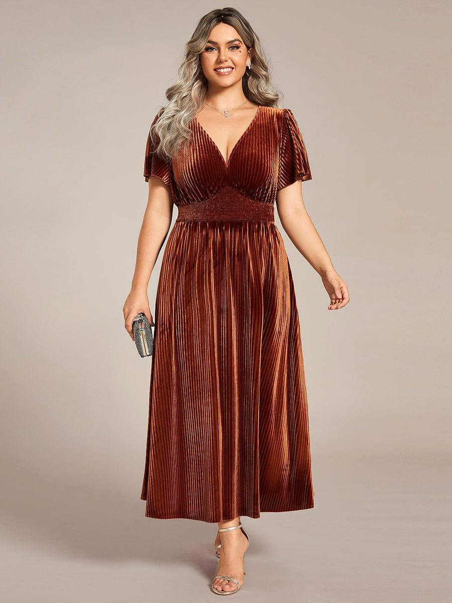 ever AZALEA|Graceful V-Neck Waist Design Short Sleeves Fall Velvet Midi Wedding Guest Dress