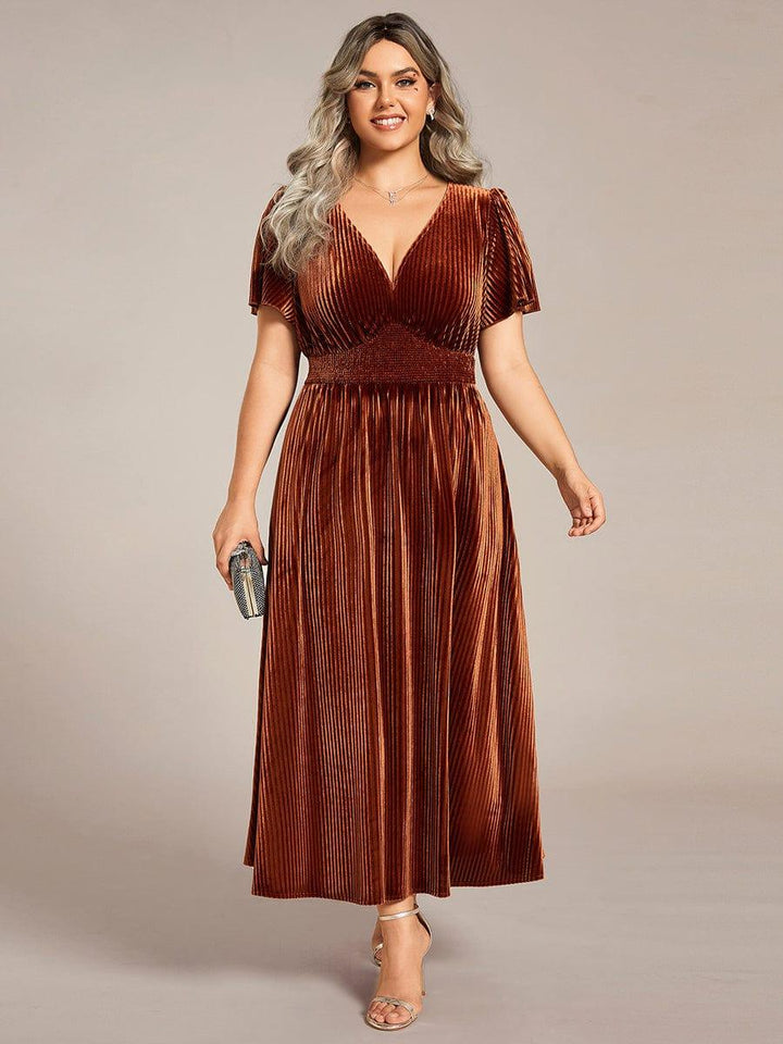 pretty AZALEA|Plus Size A-line V-Neck Short Sleeve Pleated Velvet Fall Wedding Guest Dress