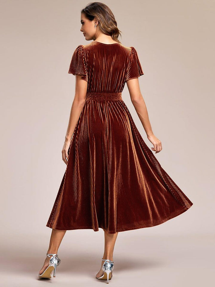 ever AZALEA|Graceful V-Neck Waist Design Short Sleeves Fall Velvet Midi Wedding Guest Dress
