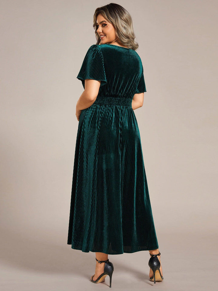 pretty AZALEA|Plus Size A-line V-Neck Short Sleeve Pleated Velvet Fall Wedding Guest Dress