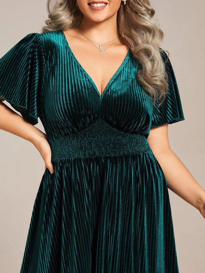 ever AZALEA|Graceful V-Neck Waist Design Short Sleeves Fall Velvet Midi Wedding Guest Dress