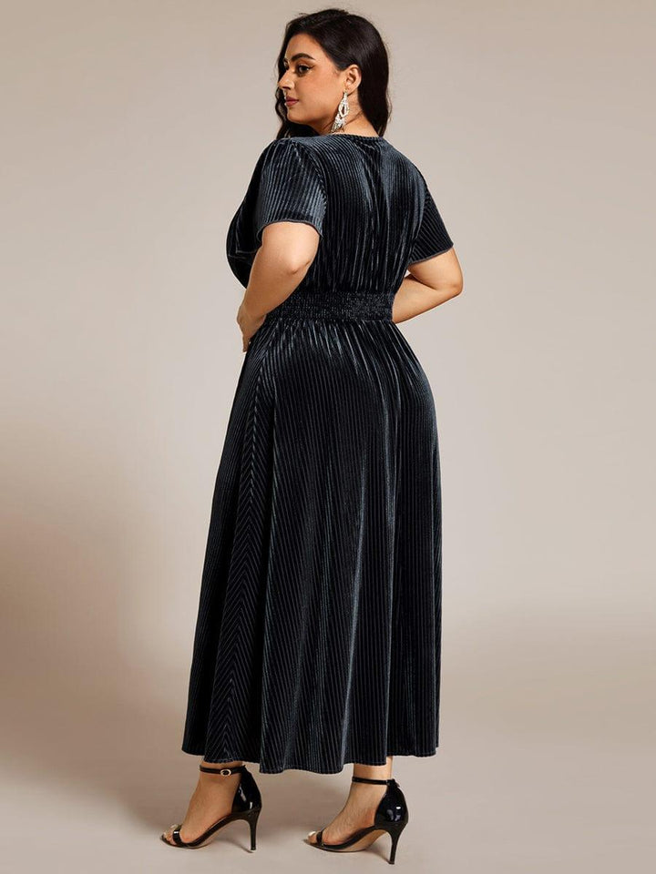 ever AZALEA|Graceful V-Neck Waist Design Short Sleeves Fall Velvet Midi Wedding Guest Dress