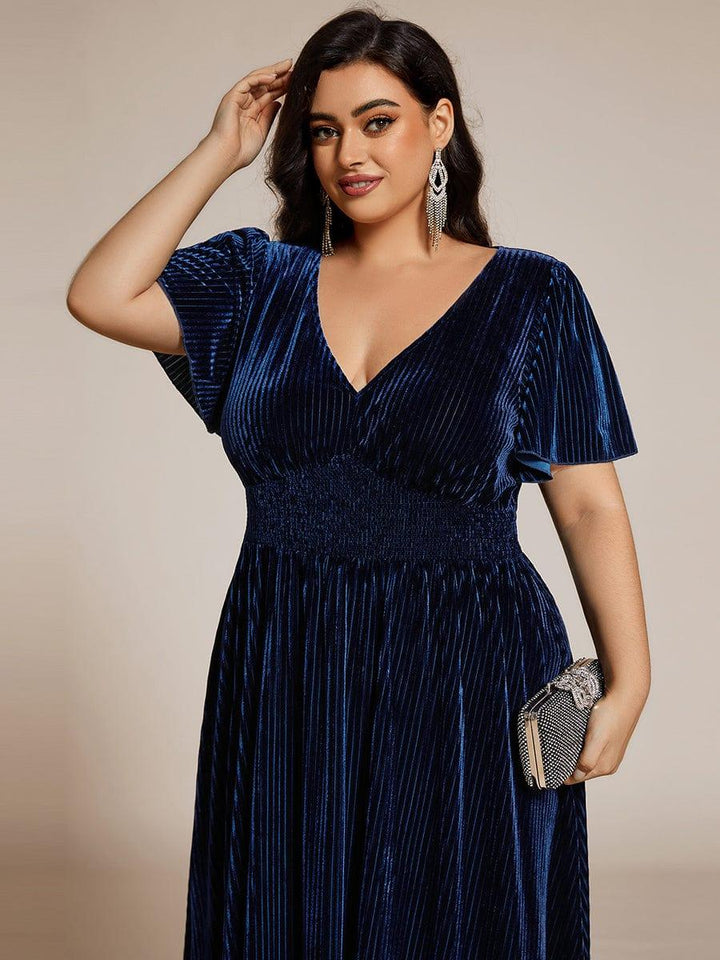ever AZALEA|Graceful V-Neck Waist Design Short Sleeves Fall Velvet Midi Wedding Guest Dress