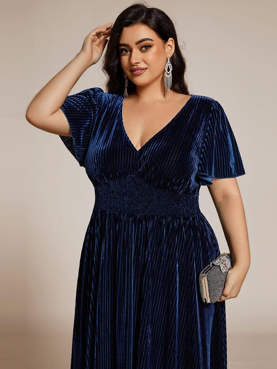 pretty AZALEA|Plus Size A-line V-Neck Short Sleeve Pleated Velvet Fall Wedding Guest Dress
