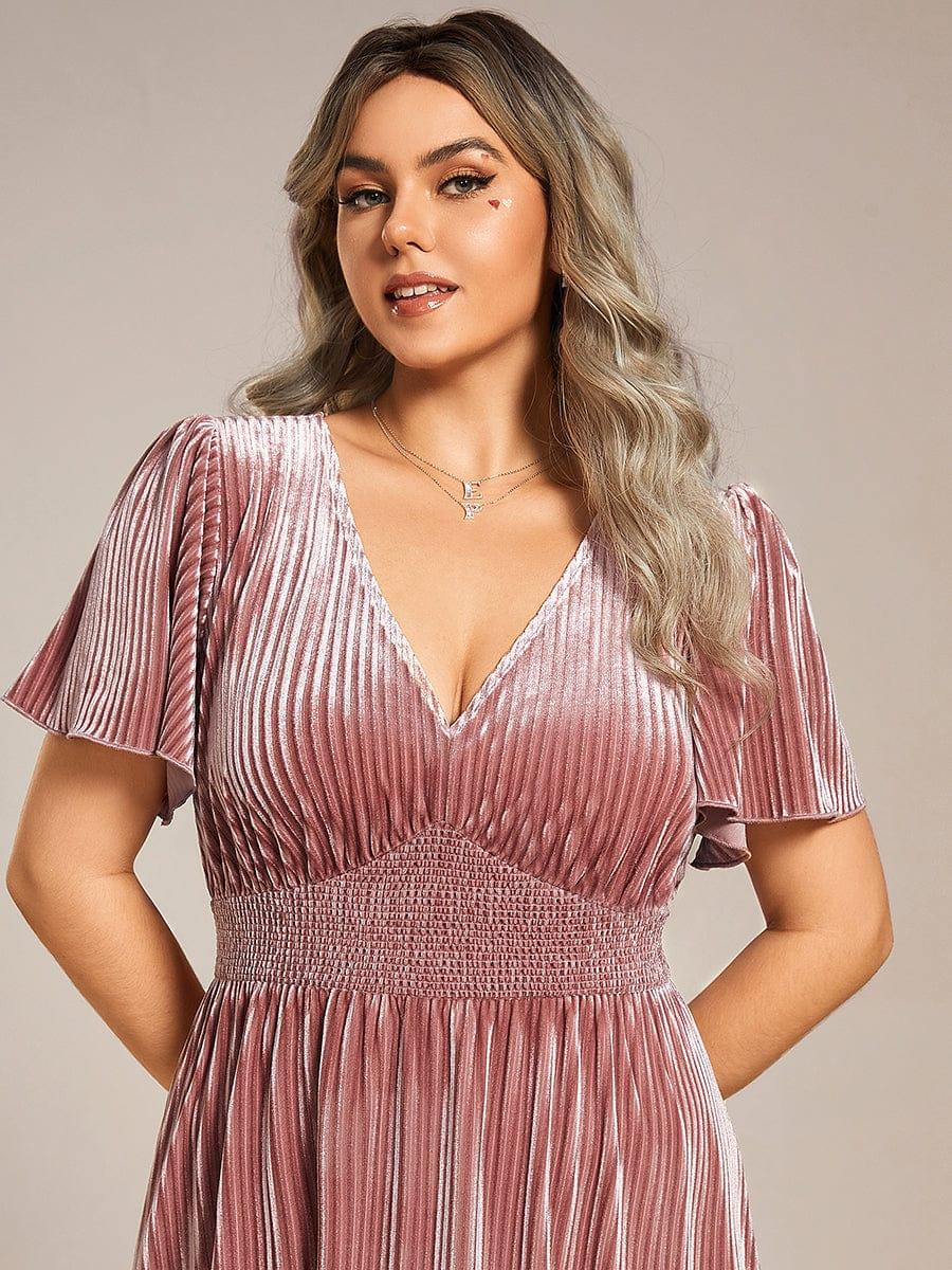 pretty AZALEA|Plus Size A-line V-Neck Short Sleeve Pleated Velvet Fall Wedding Guest Dress