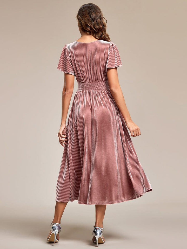 ever AZALEA|Graceful V-Neck Waist Design Short Sleeves Fall Velvet Midi Wedding Guest Dress