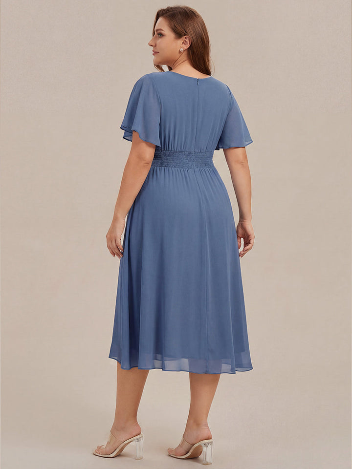 pretty EDEN|Plus Size Pleated Round Neckline A-Line Midi Chiffon Wedding Guest Dress