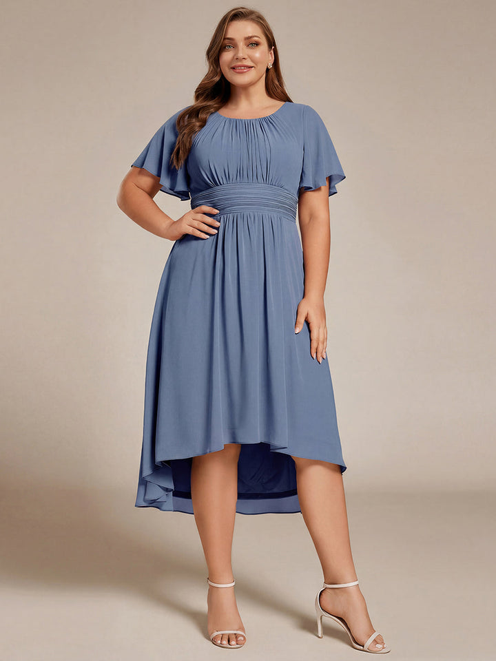 pretty EDEN|Plus Size Pleated Round Neckline A-Line Midi Chiffon Wedding Guest Dress