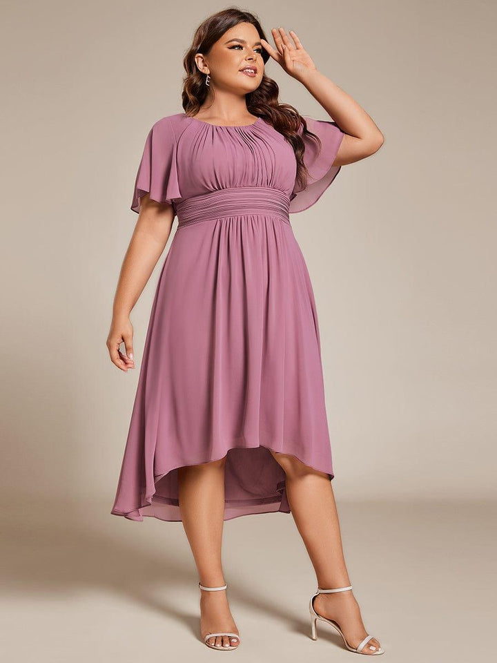 pretty EDEN|Plus Size Pleated Round Neckline A-Line Midi Chiffon Wedding Guest Dress