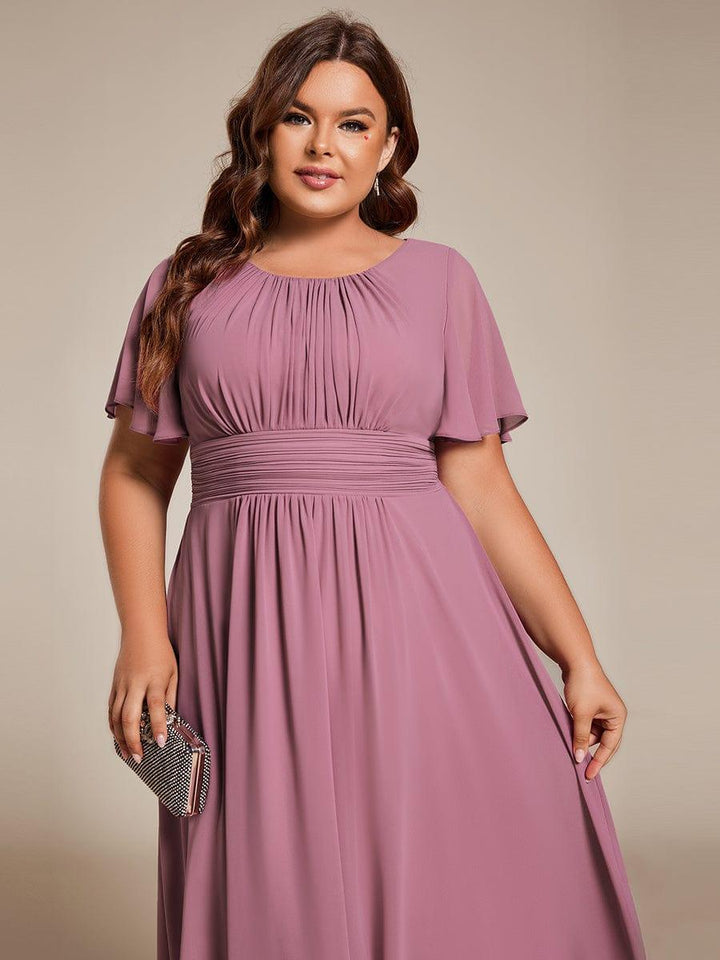 pretty EDEN|Plus Size Pleated Round Neckline A-Line Midi Chiffon Wedding Guest Dress