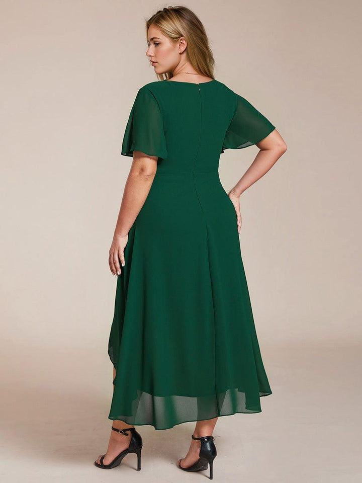ever LARK|Ruffles Sleeve Pleated V-Neck A-Line Midi Chiffon Wedding Guest Dress