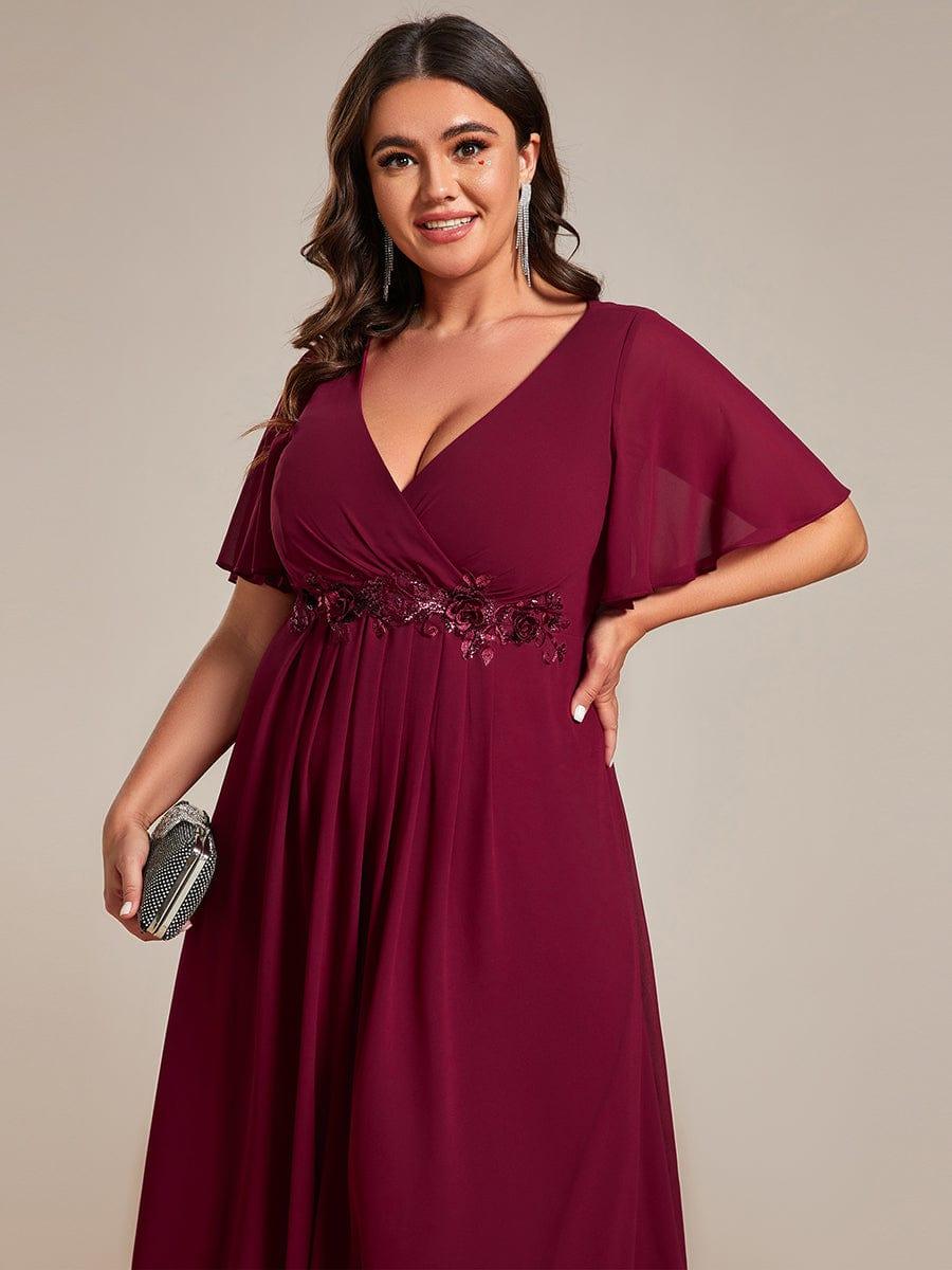 ever DAHLIA|Short Sleeves V-Neck Tea Length Wedding Guest Dress with Floral Applique