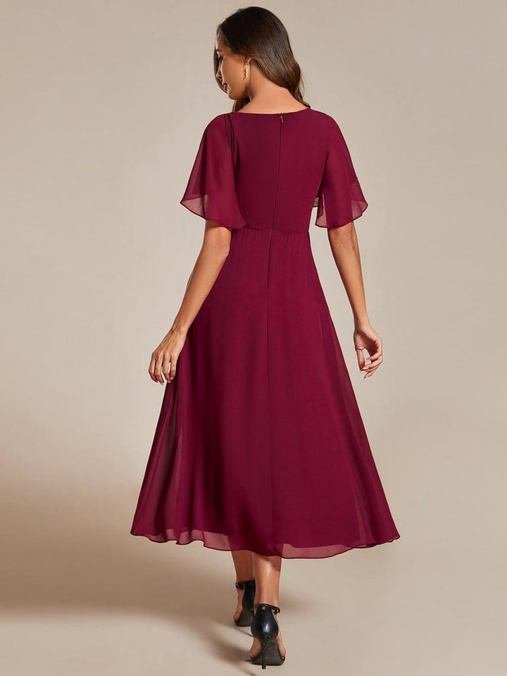 ever DAHLIA|Short Sleeves V-Neck Tea Length Wedding Guest Dress with Floral Applique