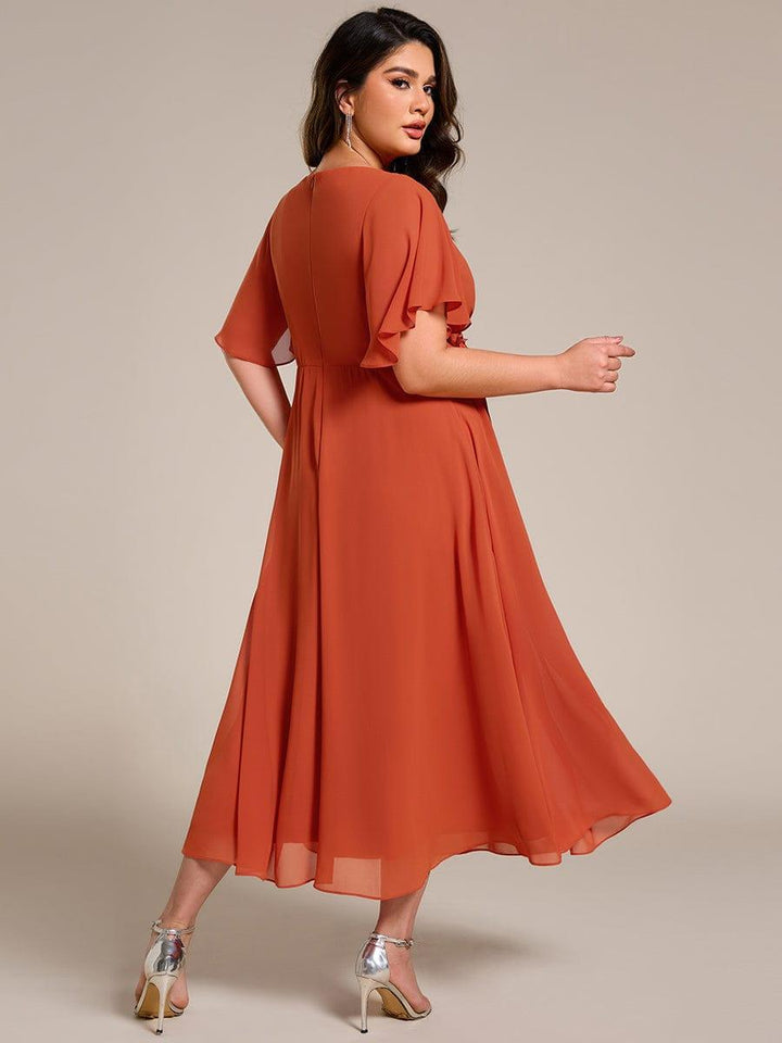 pretty DAHLIA|Plus Size Elegant Short Sleeves V-Neck Floral Applique Wedding Guest Dress