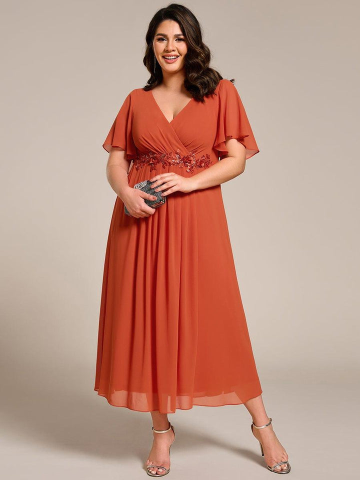 pretty DAHLIA|Plus Size Elegant Short Sleeves V-Neck Floral Applique Wedding Guest Dress