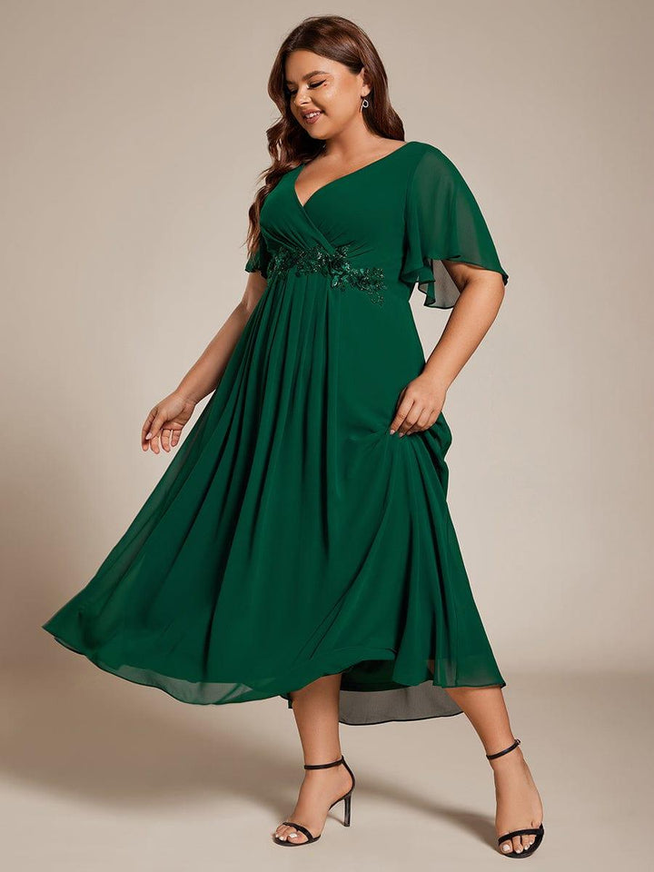 pretty DAHLIA|Plus Size Elegant Short Sleeves V-Neck Floral Applique Wedding Guest Dress