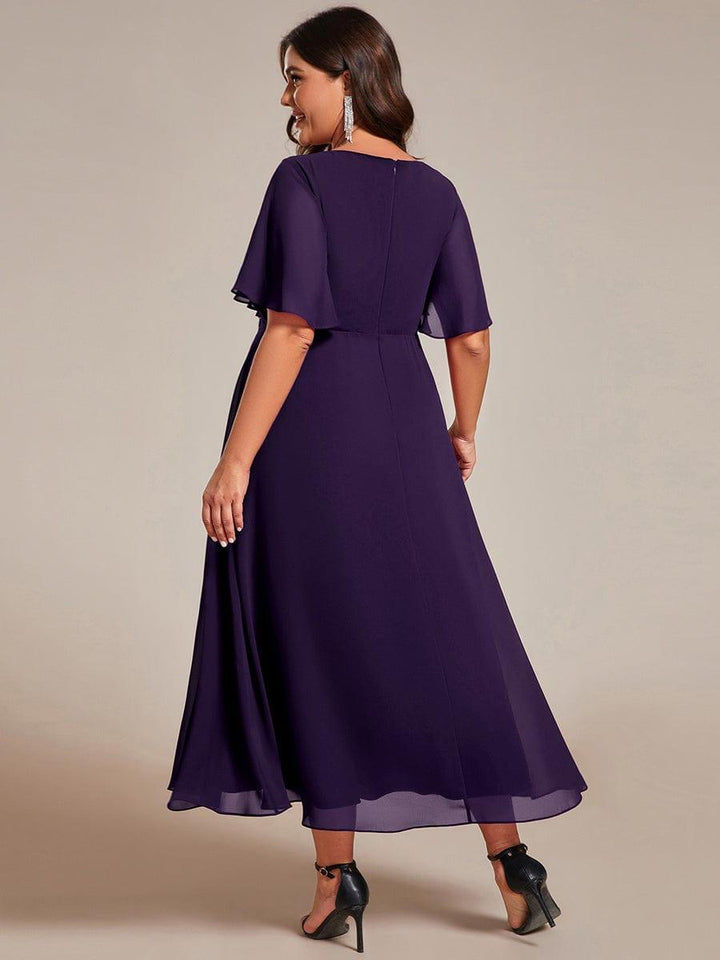 pretty DAHLIA|Plus Size Elegant Short Sleeves V-Neck Floral Applique Wedding Guest Dress