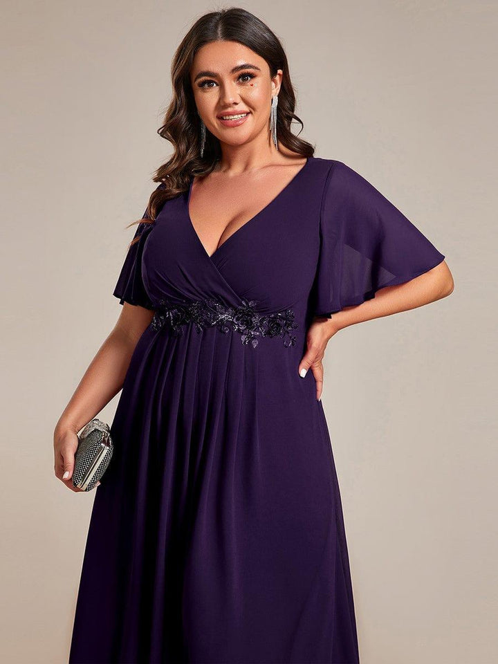 pretty DAHLIA|Plus Size Elegant Short Sleeves V-Neck Floral Applique Wedding Guest Dress