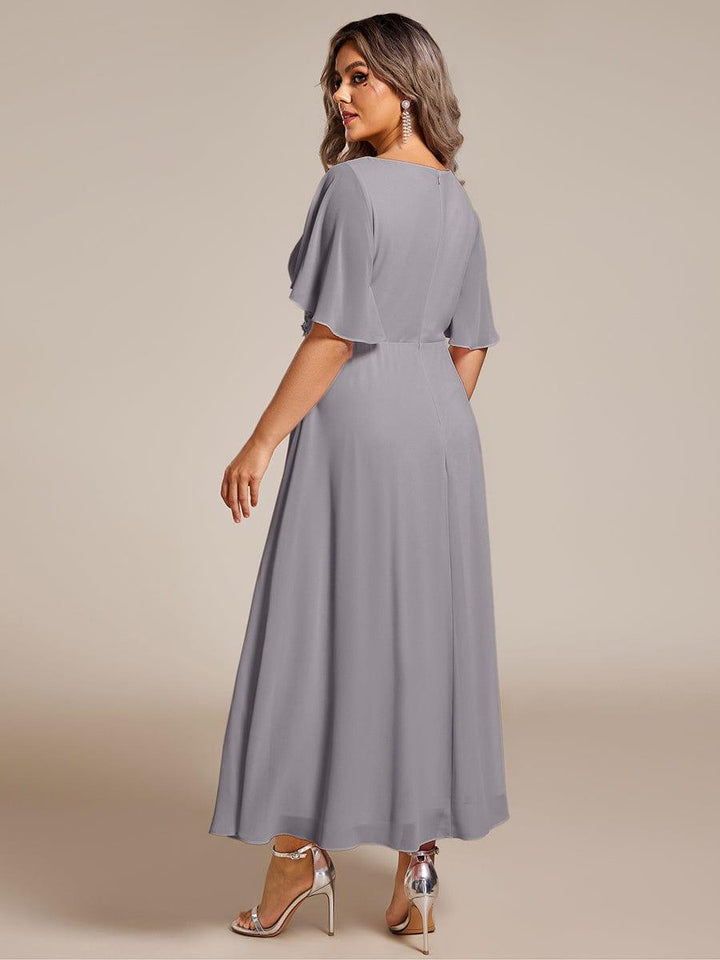 pretty DAHLIA|Plus Size Elegant Short Sleeves V-Neck Floral Applique Wedding Guest Dress