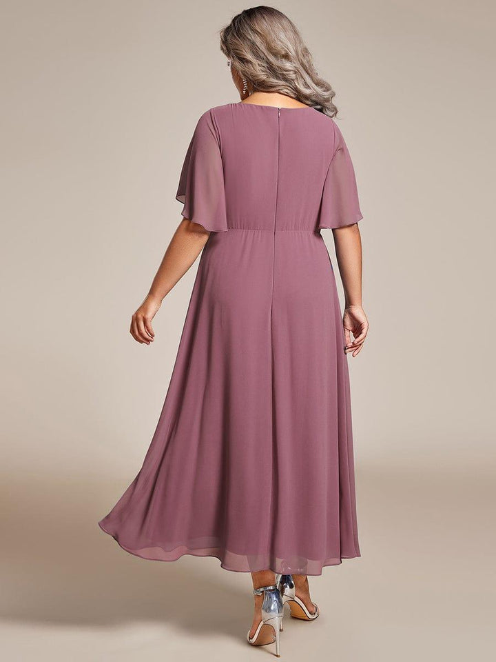pretty DAHLIA|Plus Size Elegant Short Sleeves V-Neck Floral Applique Wedding Guest Dress