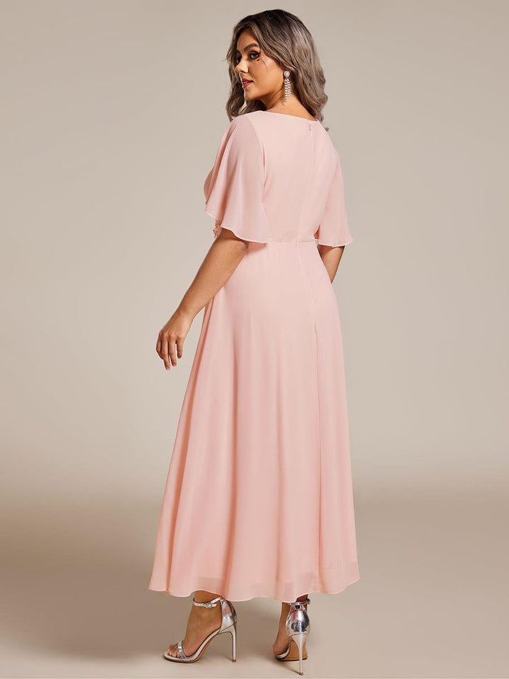 pretty DAHLIA|Plus Size Elegant Short Sleeves V-Neck Floral Applique Wedding Guest Dress