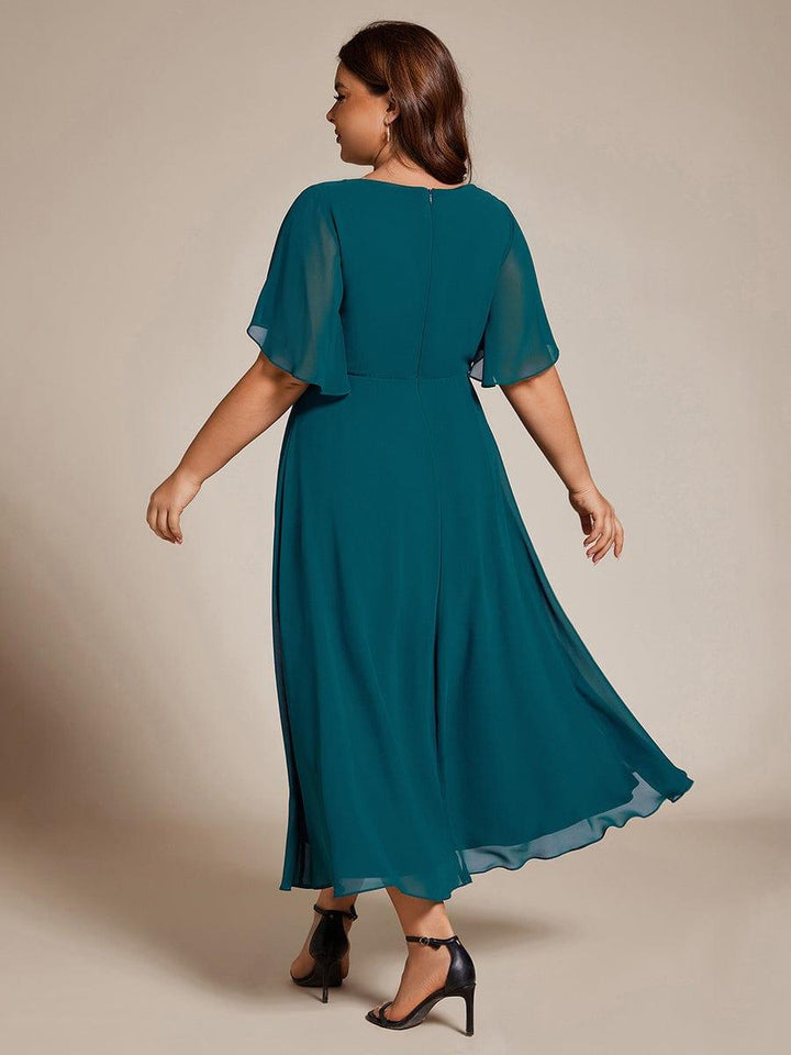 pretty DAHLIA|Plus Size Elegant Short Sleeves V-Neck Floral Applique Wedding Guest Dress