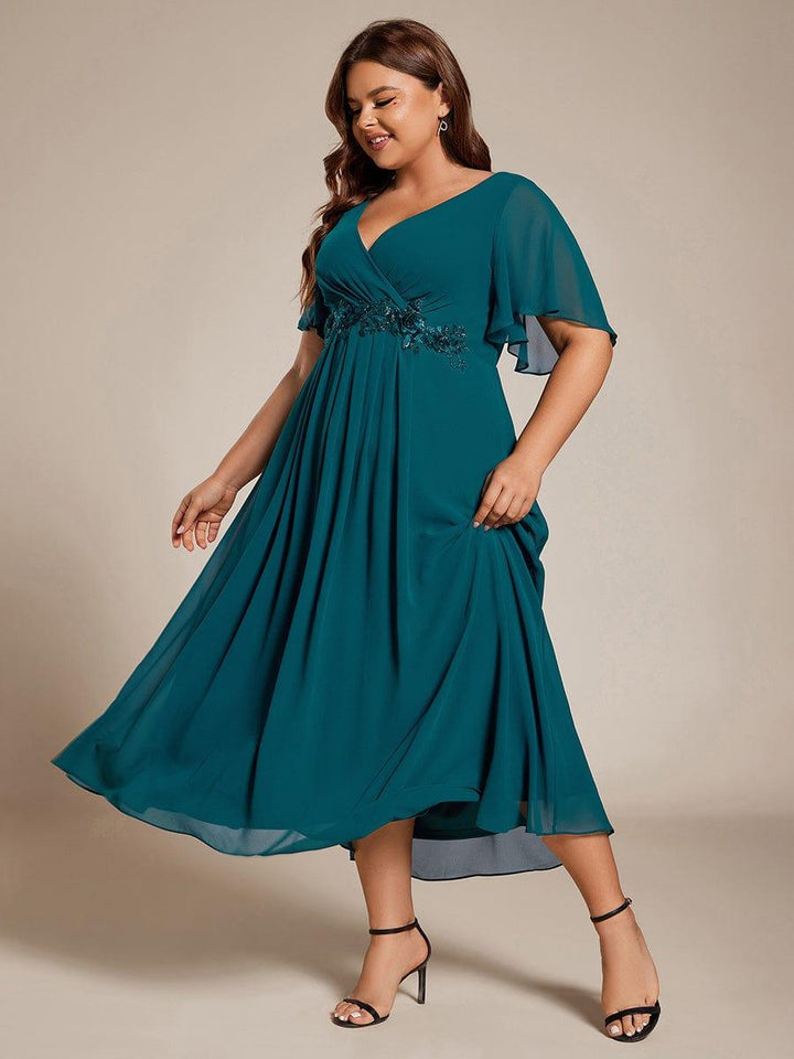 pretty DAHLIA|Plus Size Elegant Short Sleeves V-Neck Floral Applique Wedding Guest Dress