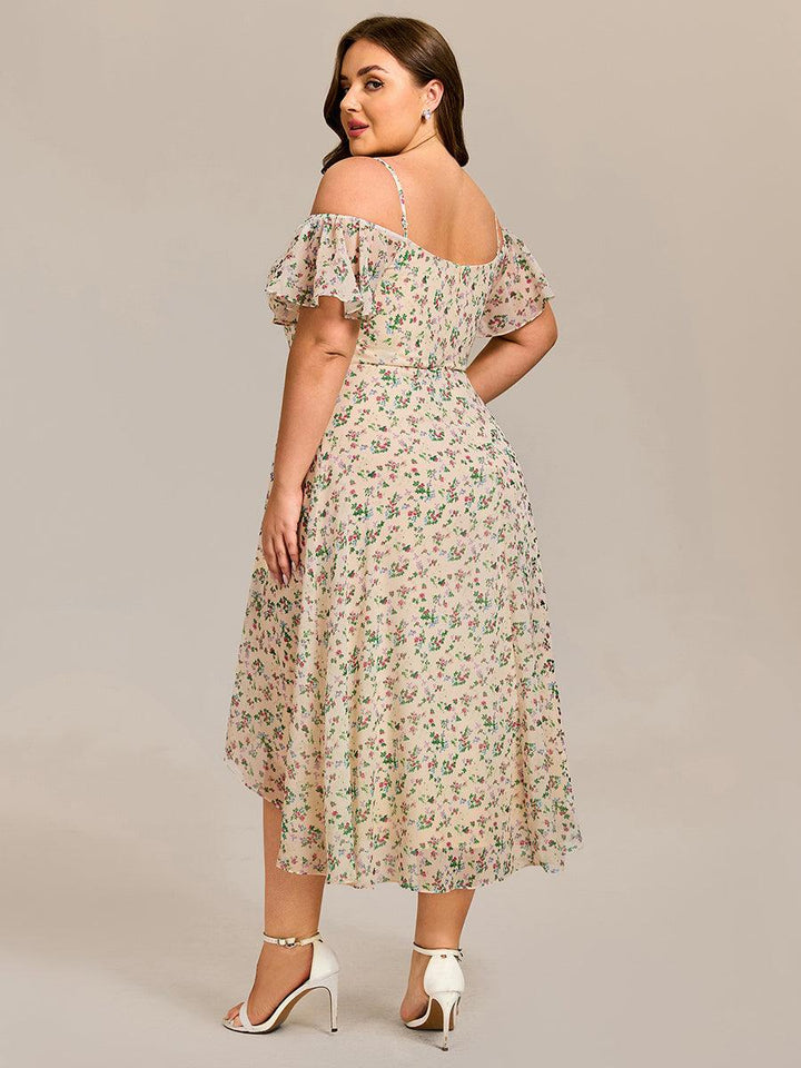 pretty JORDANE|Plus Size Cold Shoulder Sweetheart Necklin Chiffon Midi Wedding Guest Dress