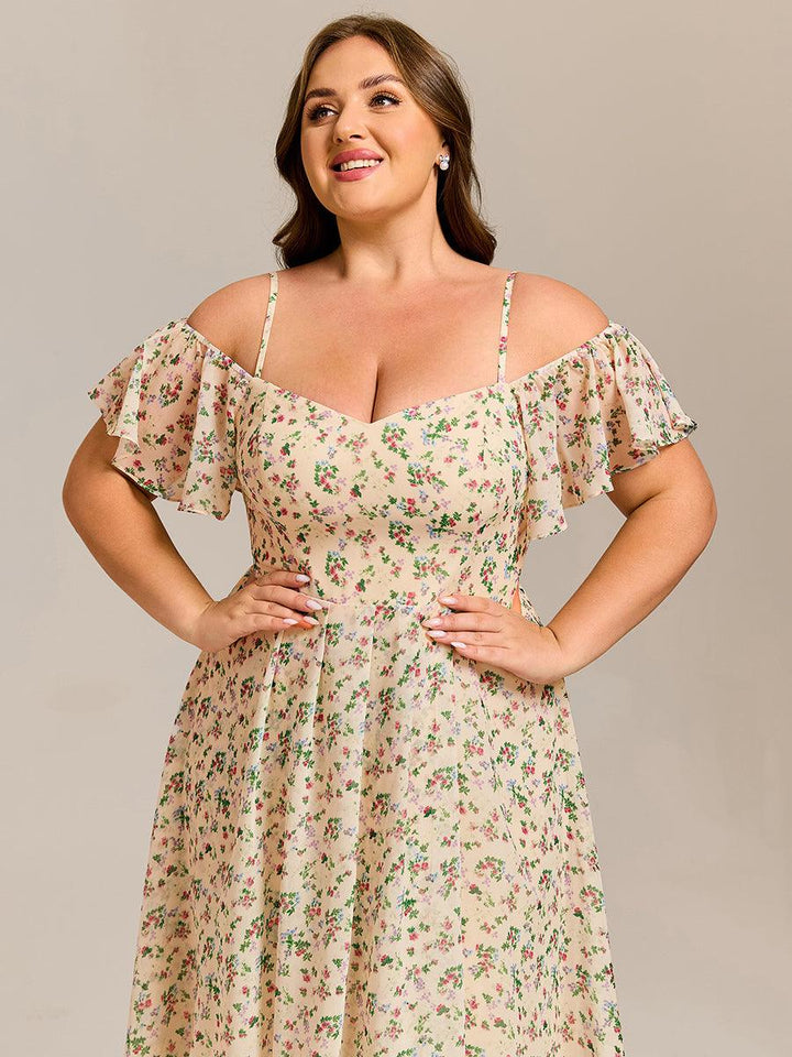 pretty JORDANE|Plus Size Cold Shoulder Sweetheart Necklin Chiffon Midi Wedding Guest Dress