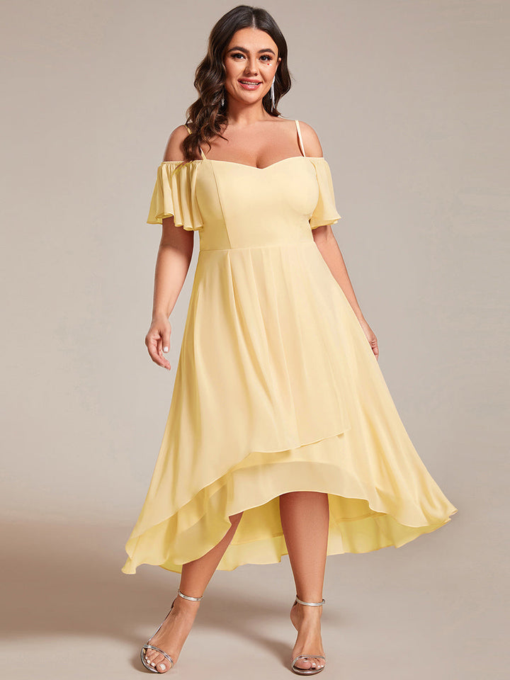 pretty JORDANE|Plus Size Cold Shoulder Sweetheart Necklin Chiffon Midi Wedding Guest Dress
