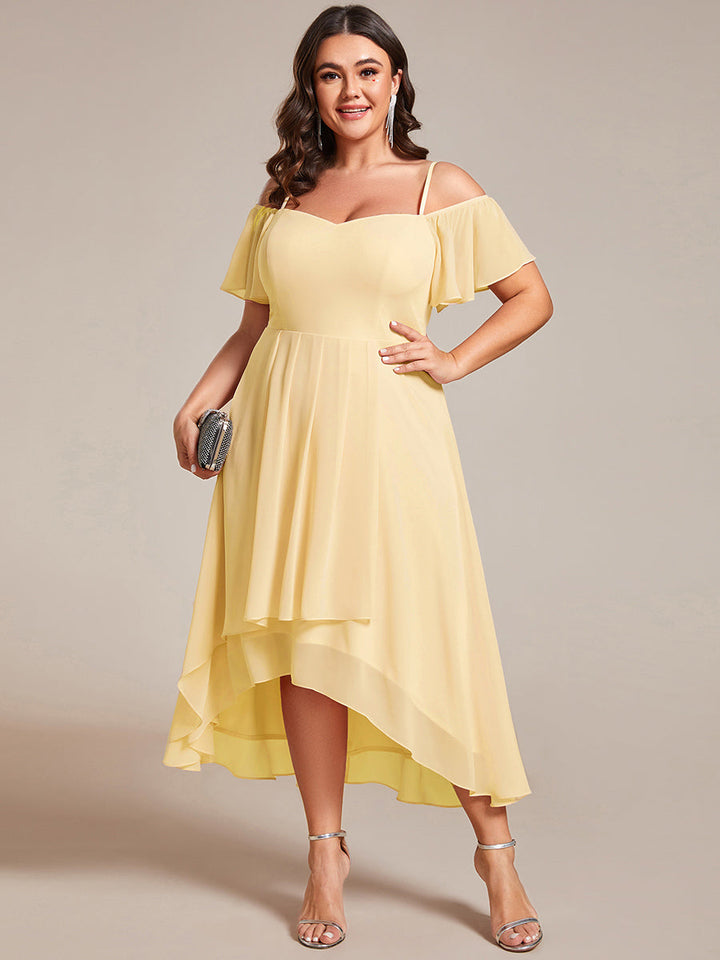 pretty JORDANE|Plus Size Cold Shoulder Sweetheart Necklin Chiffon Midi Wedding Guest Dress