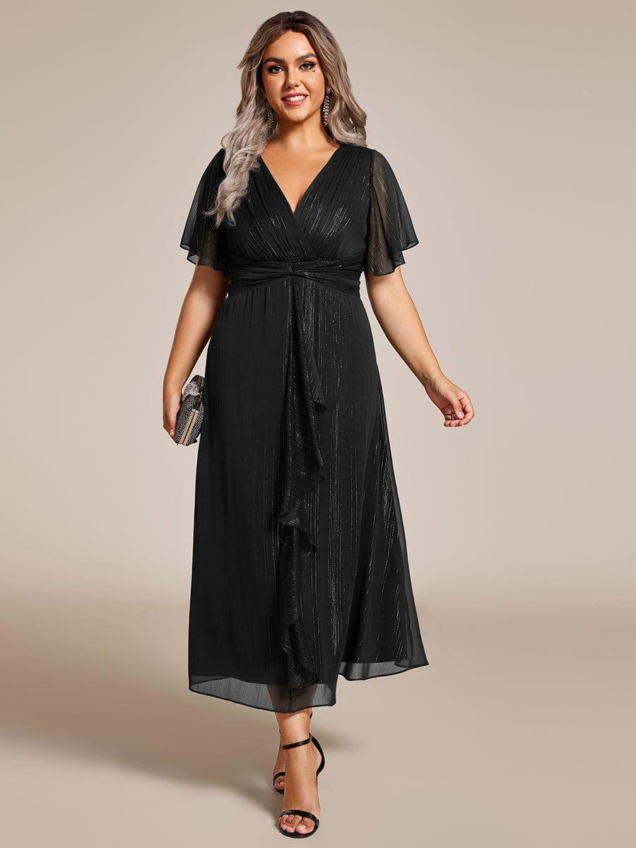 ever OPAHL|Silver Metallic Fabric V-Neck A-Line Wedding Guest Dress Featuring Delicate Ruffled Hem