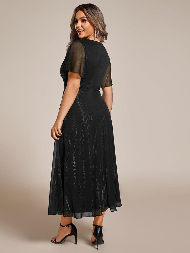 ever OPAHL|Silver Metallic Fabric V-Neck A-Line Wedding Guest Dress Featuring Delicate Ruffled Hem