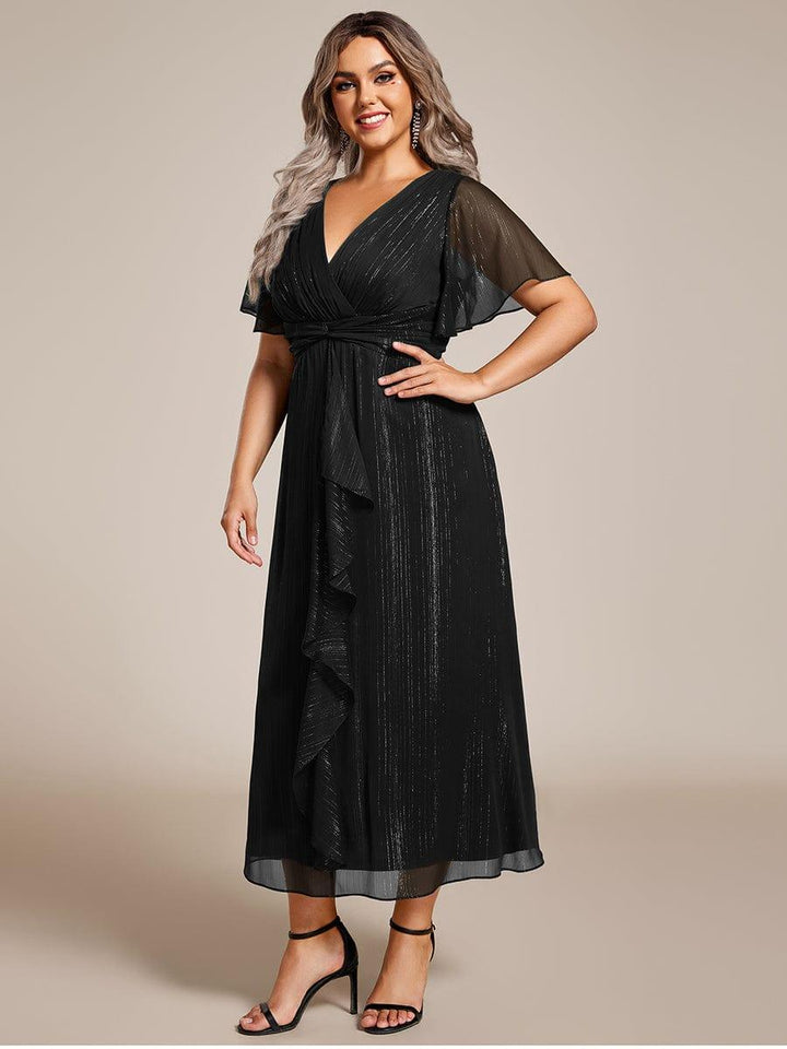 pretty OPAHL|Plus Size Silver Metallic Fabric V-Neck A-Line Wedding Guest Dress featuring Delicate Ruffled Hem