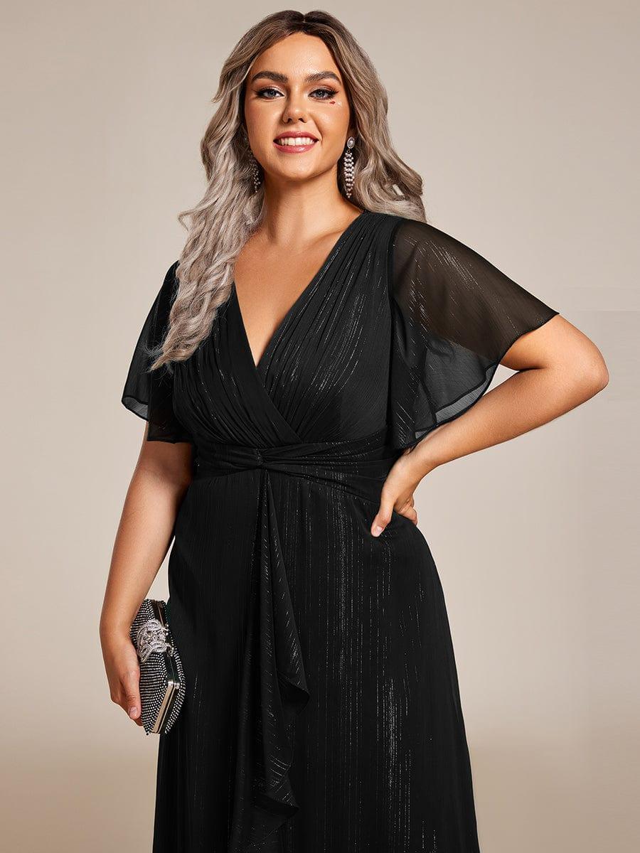 ever OPAHL|Silver Metallic Fabric V-Neck A-Line Wedding Guest Dress Featuring Delicate Ruffled Hem