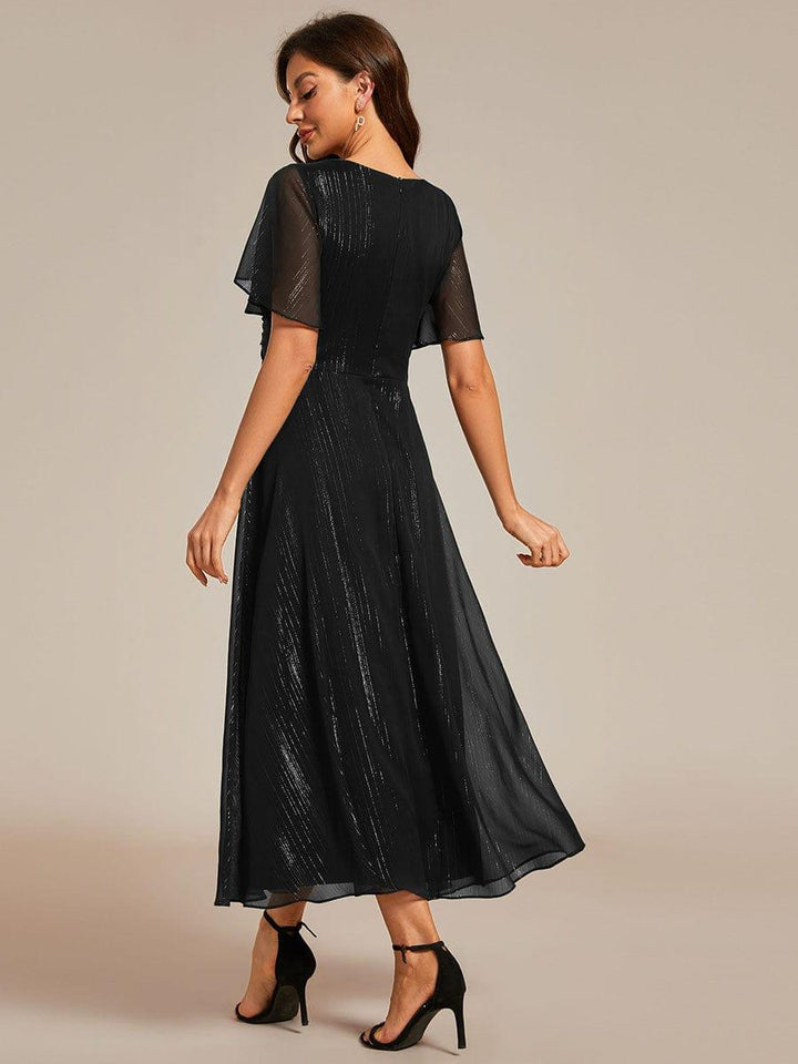 ever OPAHL|Silver Metallic Fabric V-Neck A-Line Wedding Guest Dress Featuring Delicate Ruffled Hem